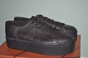 $170 SUPERGA Black Leather Designer Platform Sneakers 7 M NEW - Picture 1 of 8
