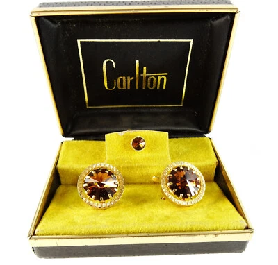 Vintage Cufflinks Set with Tie Tack Brown Rivoli Rhinestone in Box - Image 1 of 4