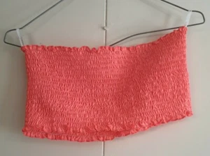 Neon Fluro Orange Stretchy Shirred Scrunch Crop Boob Tube Top Size 12 14 Large - Picture 1 of 2
