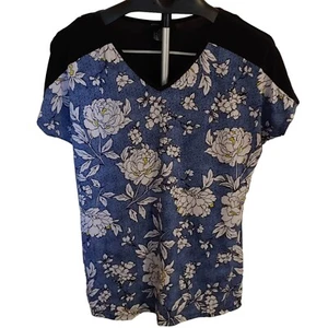 Adele May Top Womens XL V Neck Short Sleeve Stretchy Black Blue White Flowers - Picture 1 of 6