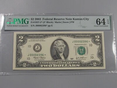 CU Crisp 4-Digit Low Serial # ⭐STAR⭐ $2 FRN 2003 Note PMG CU 64 EPQ KC.  #22 - Image 1 of 4