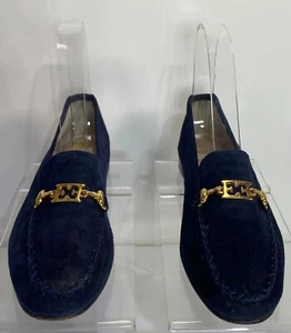 Escada Womens Round Toe Gold Tone Emblem Blue Suede Loafers Size 7AA - Picture 1 of 11