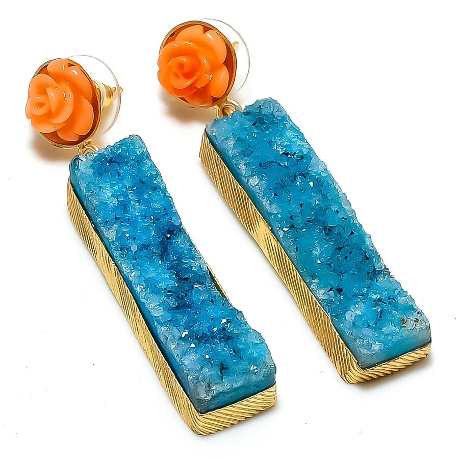 Blue Titanium Druzy Coral Flower Gemstone Gold Plated Earrings Jewelry 2.5" - Image 1 of 1