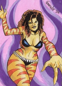 ORIGINAL Avengers - Tigra 1/1 Hand Drawn Sketch Card comic cartoon ACEO PSC Art - Picture 1 of 3