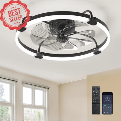 24" Low Profile Ceiling Fan w/ Lights Remote/App 6-Speed Dimmable Flush Mount Bl - Image 1 of 4