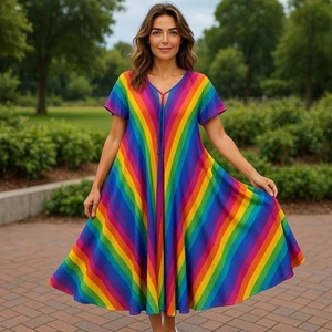 Vintage Granada 70s Rainbow Flowy Kaftan Dress Womens OS Zip Front Hippie - Picture 1 of 23