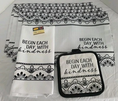 NWT ~ BEGIN EACH DAY WITH kindness Kitchen Towel, Pot Holders & Placemats Set. - Image 1 of 4