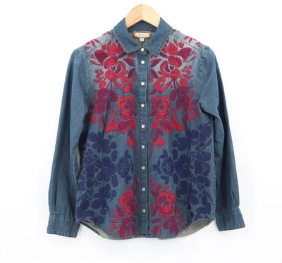 Johnny Was Women's Tuscan Denim Shirt Embroidered Long Sleeve Red/Blue Sz S - Image 1 of 4