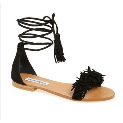 Steve Madden Sz 10 Sandals Black Suede Fringed Lace Up Flat Gladiator Sweetyy - Image 1 of 4