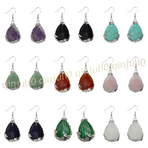 Tibet 925 Silver Teardrop Jade Gemstone Flowers Dangle Hook Earrings Jewelry - Picture 1 of 51