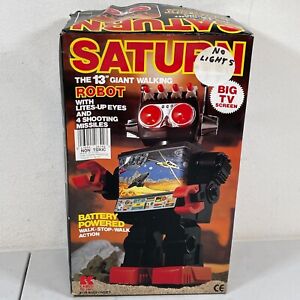 VINTAGE SATURN  13" WALKING GIANT ROBOT 1980s BIG TV BATTERY OPERATED W/BOX