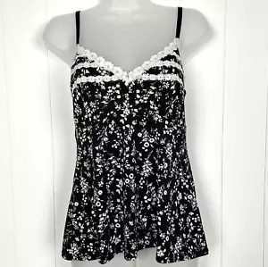 Laura Ashley Camisole Top Womens Medium Black/White Floral Lace Coquette - Picture 1 of 11
