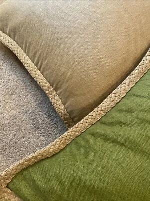 2 Pottery Barn Pillows 20x20 Cover  Tan & Olive Linen Jute Macrame Braid Edge - Image 1 of 4