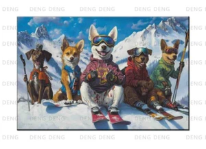 Playful Skiing Dogs Oil Paitning Printed On Canvas,Fun Pet Lovers' Home Artwork - Picture 1 of 9