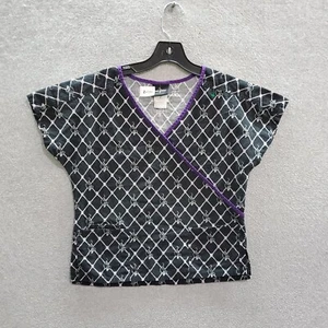 Baby Phat Women Scrub Top Small Black Diamond Logo Allover Faux Wrap V Neck - Picture 1 of 8