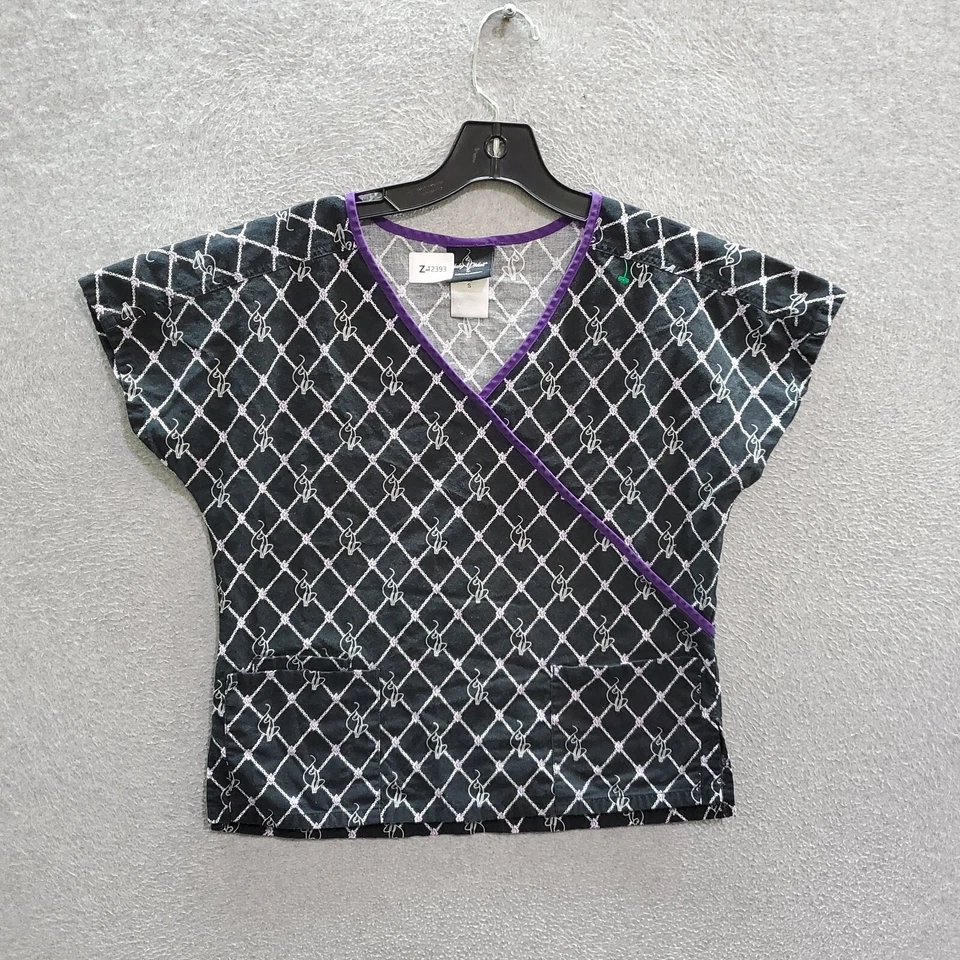 Baby Phat Women Scrub Top Small Black Diamond Logo Allover Faux Wrap V Neck - Image 1 of 4