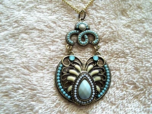 Victorian Style Pendant, Gold Tone Metal, Turquoise/White Enamels & Beads - Picture 1 of 3