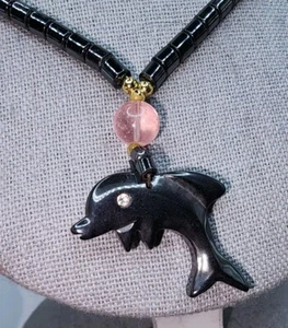 Hematite Gemstone Beaded Hematite Carved Dolphin Pendant 16" Necklace - Picture 1 of 5