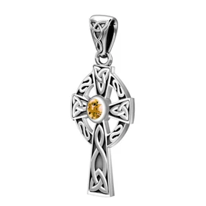 925 Sterling Silver Celtic Cross Pendant with Citrine November Birthstone, 23mm - Picture 1 of 5