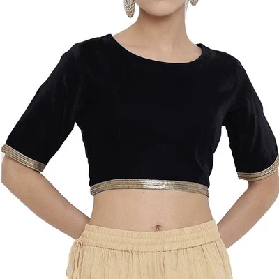 Blusa Sari de Terciopelo para Mujer con Encaje Diseñador Preparada Cosida Choli Crop Top Foto 1 de 3