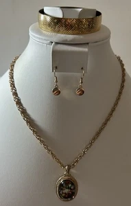 2028 Double Link Gold Tone Floral Pendant Necklace Bangle Bracelet & Earrings - Picture 1 of 21