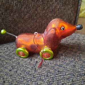 Daschund Blown Glass Christmas Ornament Glitter Spring Tail 4.5" - Picture 1 of 5