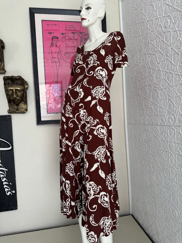 Vintage 1990s Era Floral Print Dress Brown-Maroon-Hawaiian Foliage-Medium-Maxi - Image 1 of 4