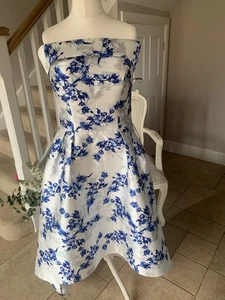 Chi Chi London Bardot Long Dip Hem Dress Blue & White Floral Size 14 - Picture 1 of 7