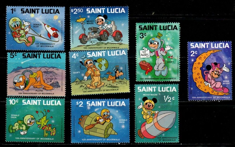 Santa Lucía 1979 - Disney - Moonwalk Donald, Mickey, Goofy - Juego de 9 estampillas - MNH Foto 1 de 1