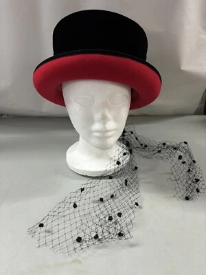 VINTAGE ERIC JAVITS Black Wool Hat -  Inside Red Short Roll Brim Hat With Lace - Image 1 of 4