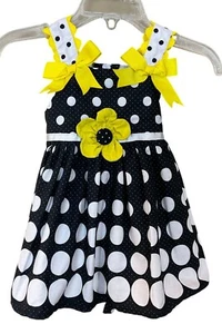 Selten auch! Kleinkind Mädchen schwarz weiß gepunktet Sommerkleid gelb Ric Rac Trim Schleife 6M - Bild 1 von 6