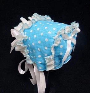 New Ruffled Front Light Blue Searsucker with White Dots Print Baby Bonnet - Picture 1 of 2