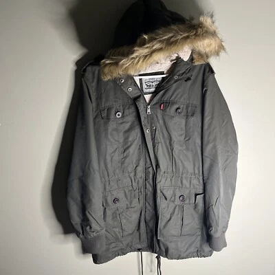 Abrigo Parka Para Mujer Levi's Grande Verde Lona Forrado Sherpa Chaqueta Con Capucha Cremallera Foto 1 de 4