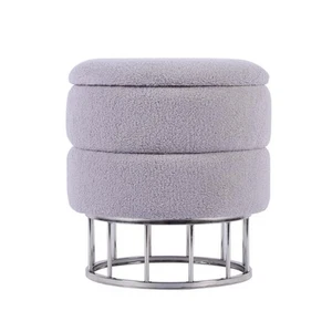 Storage Ottoman Grey Boucle w/ Chrome Iron Legs Footrest Accent Cushioned Stool - Picture 1 of 7