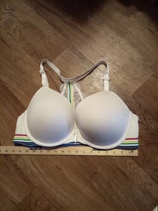 Cacique Boost Plunge BH 42DD Front Close Racerback Weiß Baumwolle Regenbogen Streifen - Bild 1 von 5