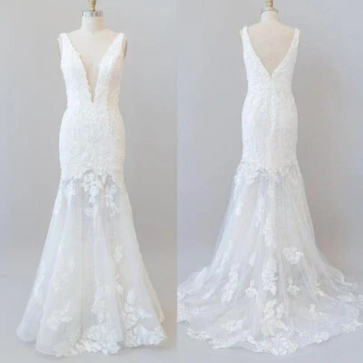 Mermaid Wedding Dress Sleeveless Sexy Deep V Neck Lace Bridal Gown White Ivory - Image 1 of 4