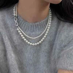 2Rows 4mm/8mm White South Sea Shell Pearl Round Beads Necklace 17"-19" - Imagen 1 de 3