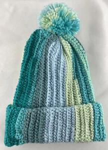 Handmade Crochet Multicolor Hat Pom Pom Teen Adult Size Blues Greens - Picture 1 of 7