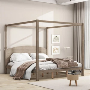 King Size Canopy Platform Bed with Headboard and Support Legs, Brown Wash  - Picture 1 of 14