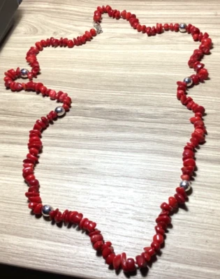 COLLAR PLATA ESTERLINA CORAL ROJO 37 PULGADAS LARGO Foto 1 de 4