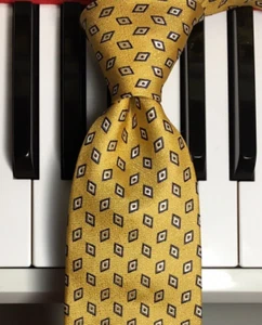 CHARLES TYRWHITT /Golden Geometric Luxury Silk Tie w/White & Blue-Black Diamonds - Picture 1 of 9