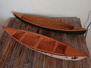 Lot of 2 Vintage Miniature Wood Canoes Cabin Cottage Decor Green White 16" - Picture 1 of 18