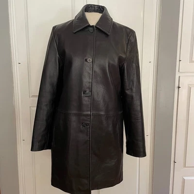 Worthington Genuine Lambskin Leather Button Front Long Trench Coat Women's Small - Image 1 of 4