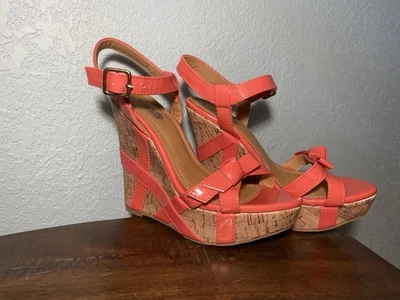 Charlotte Russe Coral  Wedge Sandals Size 6 Faux Cork Platform Crisscross Straps - Image 1 of 4