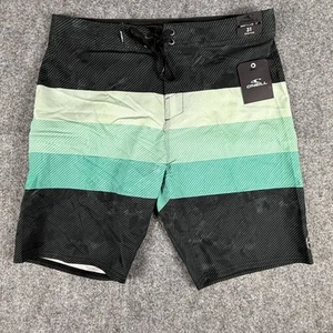 ONeill Hyperfreak Board Shorts 31 Black Teal Striped Mens Swimwear Lightweight - Picture 1 of 9