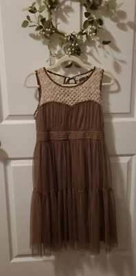 Anthropologie RYU Brown and Cream Crochet Top Tiered Tulle Skirt Dress Medium - Image 1 of 4