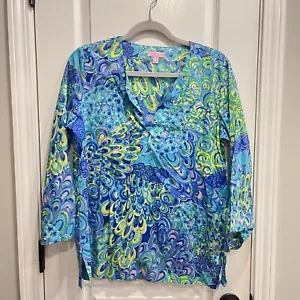 Lilly Pulitzer Amelia Island Tunika Top in Lilly's Lagoon Pfau Shirt Medium - Bild 1 von 11