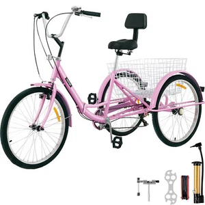 Foldable Adult Tricycle Folding Adult Trike 24'' 7 Speed Pink Bikes w/Basket - Picture 1 of 12