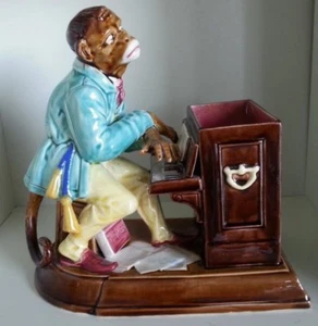 Pretty/Old Majolica Sarreguermines Monkey Seated at Organ Figural Humidor - Picture 1 of 9