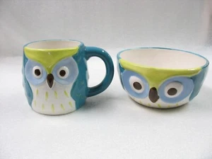 Owl Coffee Mug and Matching Bowl Teal Yellow - Picture 1 of 4